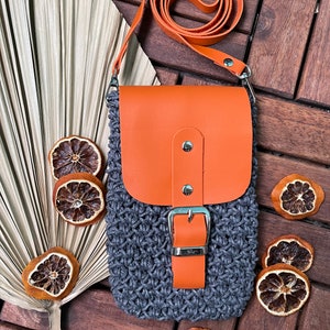 Gehäkelte handgemachte Tasche, gehäkelte Telefontasche, Seil-Telefonhalter, Häkeldesign, Strandtasche, graue Luxustasche, Geschenk für Frauen, Schulter-Handtasche.
