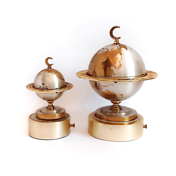 Antique musical smoking set globes with zodiac signs Globe cigarette storage Collectible table lighter Cigar room decor Housewarming gift