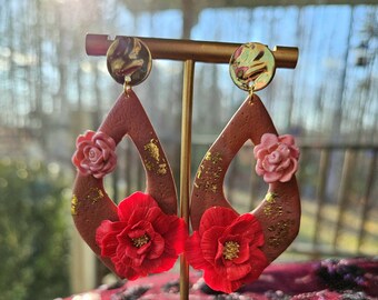 Handmade Polymer Clay Teardrop Earrings with Coral and Pink Flowers