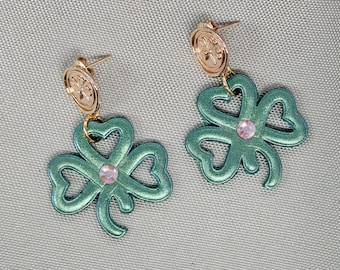 Handmade Shamrock Dangle Earrings: Green Polymer Clay, Rhinestone Center St Patricks Day