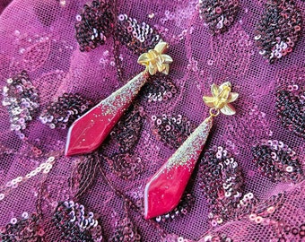 Handmade Long Teardrop Burgundy and Glittery Gold Earrings with Golden Floral Studs