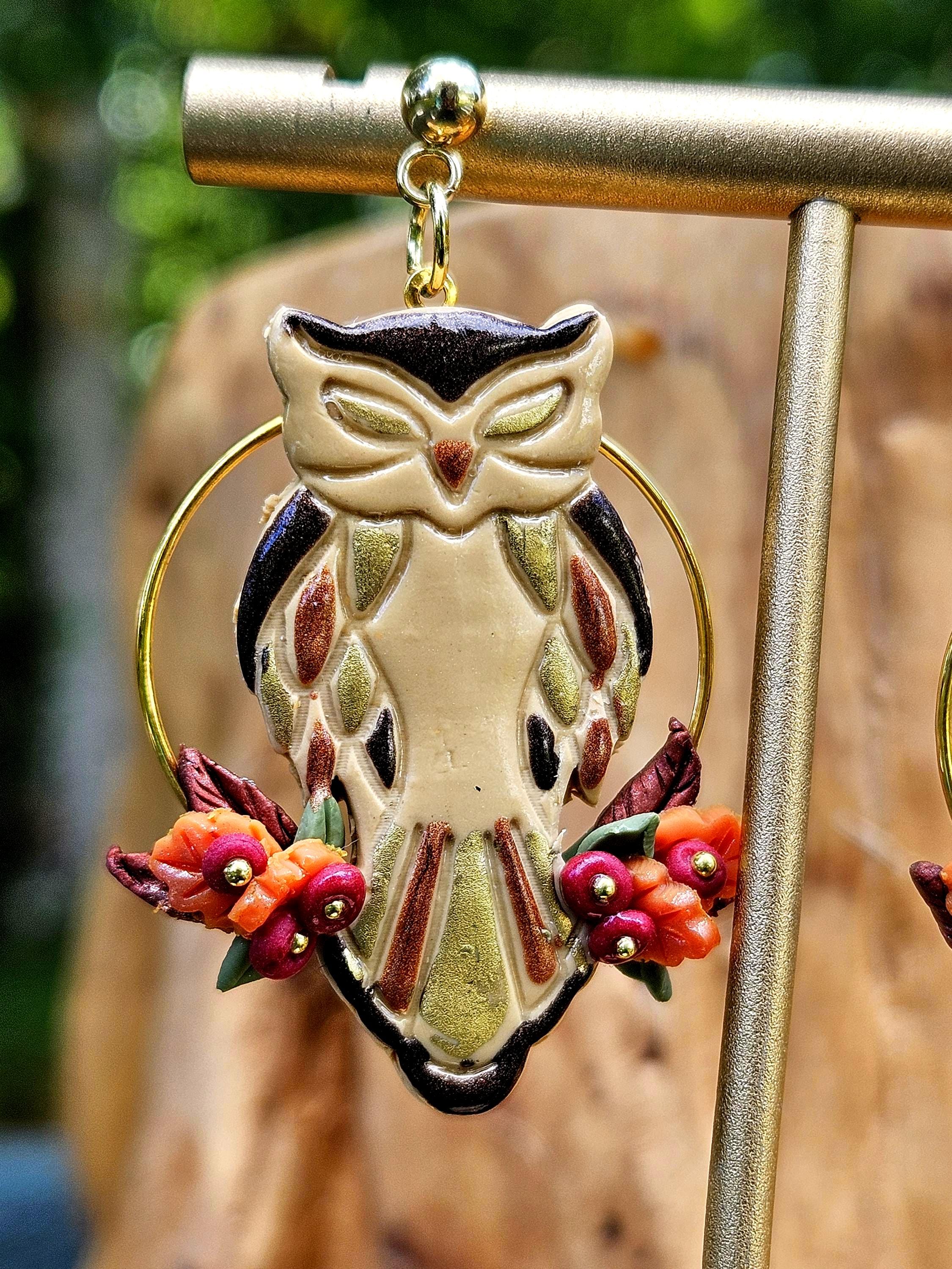 Handmade Owl and Fall Foliage Polymer Clay Earrings in a Gold Hoop