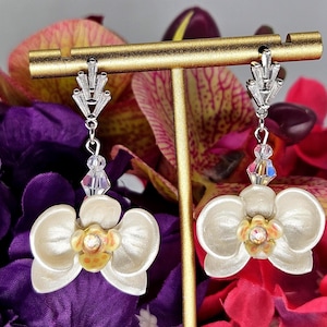 Handmade White Pearl Polymer Clay Orchid Flower Dangle Earrings