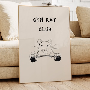 Gym Rat Club Print, Gym Humor, Weightlifting Joke, Funny Saying Art, Black and Beige Dumbbell Workout Drawing, Gift Decor