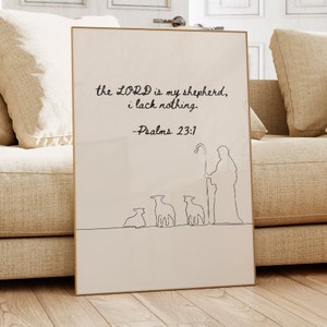 Beige The Lord is My Shepherd, Psalm 23 Print, Sheep Drawing, Christian Wall Decor, Bible Verse Art, Gift, Religious Home Decor