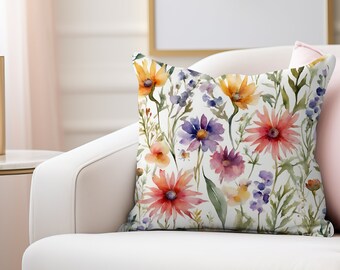 Watercolor Wildflowers Throw Pillow,  Floral Accent Pillow, Square Wildflowers Throw Pillow,  Cottagecore Home Décor, Floral Pillow, Summer