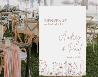 Panneau de Bienvenue Mariage Personnalisé - 8 design roses au choix