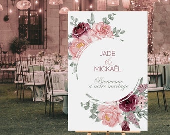 Panneau de Bienvenue Mariage Personnalisé - 8 design bordeaux au choix