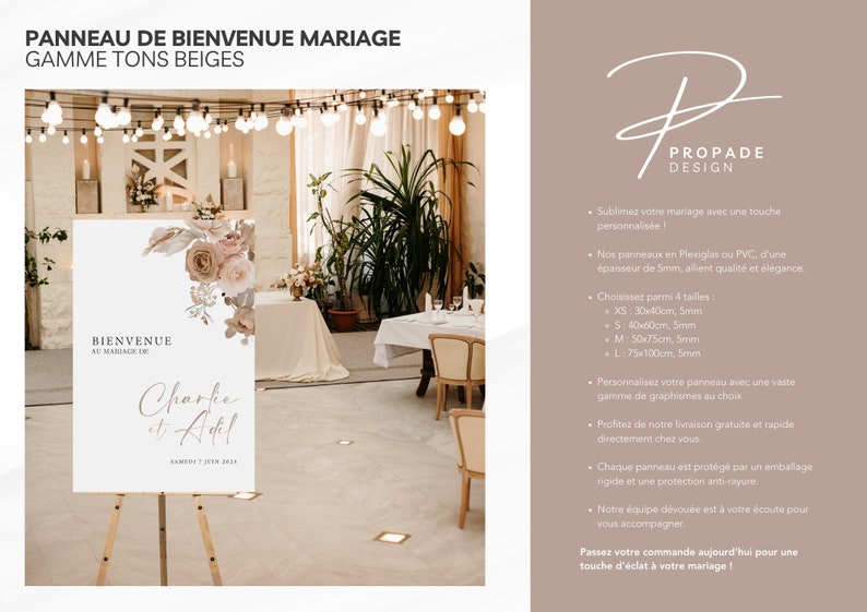 Panneau de bienvenue PVC Forex ou Plexiglas, mariage, beige, fleurs, design, qualité, décoration, chic, raffiné, Propade design, visuel personnalisé, pancarte