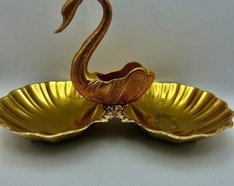 Vintage, Gold, Swan, Double Shell, Divided Dish, Trinket Dish, 10.5”