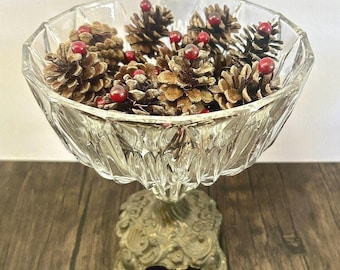 Vintage Crystal Compote Bowl: Mid Century Brass Pedestal, 9x8”