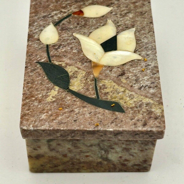 Vintage, Soapstone Trinket Box, Mother of Pearl Floral Inlay, 2.5” By 3.5”