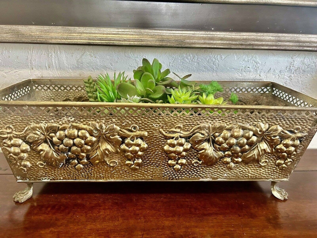 Vintage, Brass, Planter, Lion Head Handles, Embossed Grapes, 17 by 6 Etsy