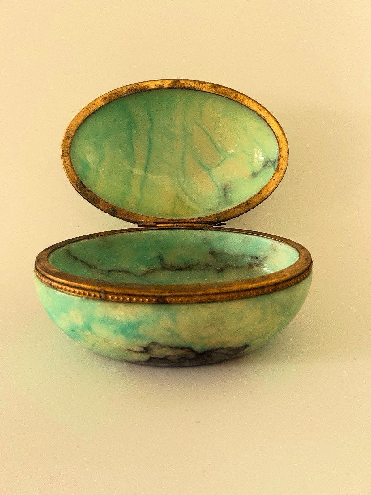 Vintage Alabaster, Jewelry Casket, Trinket Box, Green Marble, Brass, Hinged, 5”