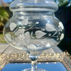 Vintage, Etched Glass, Apothecary Jar & Lid, Floral Design, Pedestal Base, 11.5”