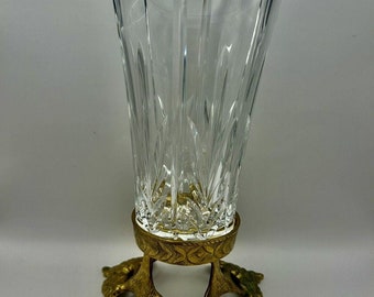 Vintage, Ornate, Crystal Vase, Intricate Brass Stand, Leaves & Grapes, 10”