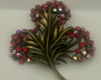 Vintage Karu, Red Rhinestone, Flower Brooch, Gold Tone, Mid Century