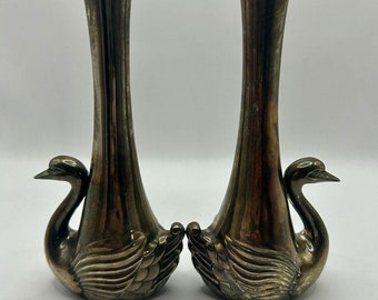 Pair of Vintage, Silver, Swan, Art Deco, Vases, Fluted, Bud Vases, 7”