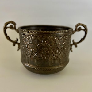 Vintage, Brass, Planter, Ornate Floral Embossing, Double Scroll Handles, 8 x 7”