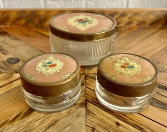 Antique, Art Deco, Ribbed, Frosted Glass, Floral, Vanity Jars, Set 3
