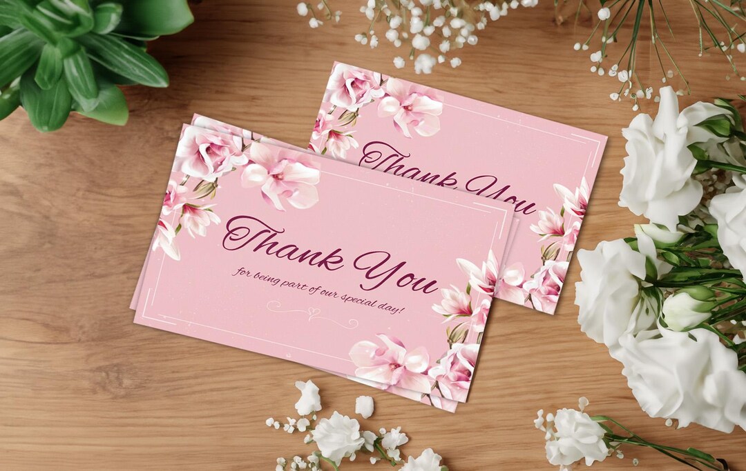 Single Sided Thank You Card, Pink Floral Thank You Card, Printable Thank You Card, Instant ...