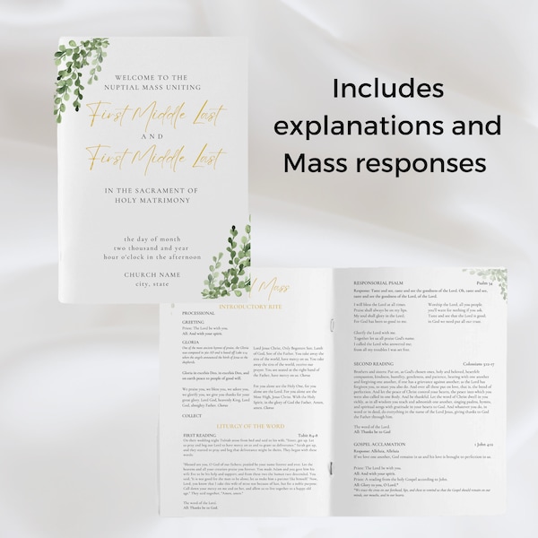 Catholic Wedding Program Gold and Greenery, Mass w Explanations & Responses, Downloadable Customizable Template, Minimalist, Explains Mass
