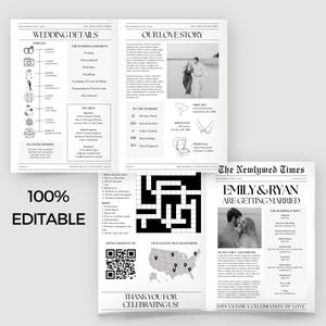 May include: A black and white newspaper style wedding announcement with the headline "Emily & Ryan Are Getting Married". The announcement includes a photo of the couple, a wedding timeline, a wedding party list, and a map of where guests travelled from. The announcement also includes a QR code for the couple's honeymoon fund.