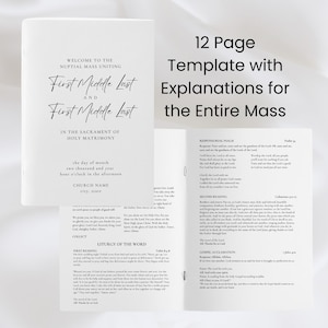 ミサの返答付きカトリック式典プログラム - 結婚ミサの説明、編集可能なCanva、式次第、ミニマリストの印刷物