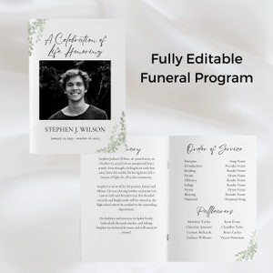 May include: A black and white photo of a young man is at the top of a funeral program. The program is titled "A Celebration of Life Honoring Stephen J. Wilson" and includes the dates January 13, 1997 - October 16, 2013. The program lists the order of service and the names of the pallbearers.
