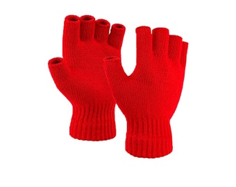 Winterhandschuhe fingerlos Strickhandschuhe Halbfinger Rippstrick Handschuhe Rot Damen