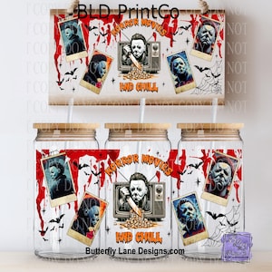 May include: Clear glass beverage cups with bamboo lids and straws, featuring a Halloween-themed design. The design includes images of a horror movie character, the words "HORROR MOVIES AND CHILL", and decorative elements like bats and blood splatters.