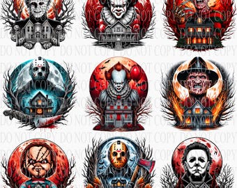 May include: Nine circular graphic designs featuring horror movie characters like Pinhead, Pennywise, Freddy Krueger, Jason Voorhees, Chucky, and Michael Myers. Each design includes a portrait, a haunted house, and a spooky background with a full moon or a fiery sky.