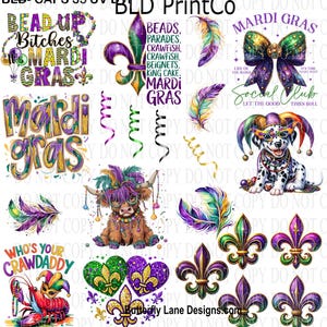 May include: A collection of Mardi Gras-themed graphics. The image includes fleur-de-lis, a Dalmatian in a jester hat, a Highland cow, a lobster, and text that says "Mardi Gras" and "Bead Up Bitches". The color palette is purple, green, and gold.