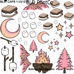 May include: A collection of camping-themed illustrations, including s'mores, marshmallows on sticks, a campfire, pink trees, mountains, moons, and stars. The design has a hand-drawn aesthetic with a soft color palette.
