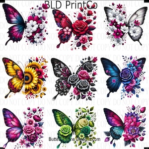 May include: A collection of nine butterfly designs, each with a unique color scheme and floral accents. The butterflies feature vibrant colors like pink, purple, blue, yellow, and green, with detailed floral arrangements. The text "BLD PrintCo" is visible.