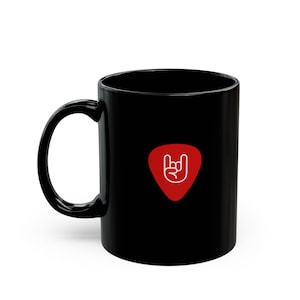 Guitar Pick Rock n Roll Hand Gesture | Ceramic Mug 11oz - BLACK/RED