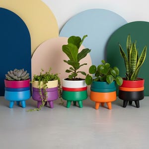 Vintage unieke plantenbak, kleurrijke bloempotten met ingebouwde afvoerbakken