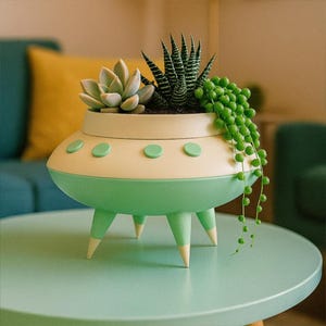 Könnte beinhalten: Ein origineller Blumentopf in Form einer fliegenden Untertasse, in Creme und Mintgrün. Der Topf enthält drei verschiedene Arten von Sukkulenten und Hängepflanzen. Der Topf steht auf einem mintgrünen Tisch.