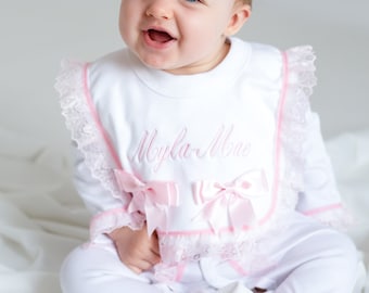 Personalised Baby Girls Frilly Sleepsuit Pink