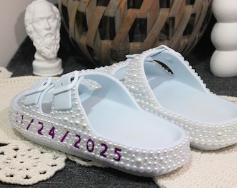 Personalized Pearl Bridal Slippers Handmade Wedding Slides
