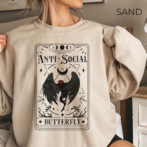 Mothman Tarot Card Antisocial Butterfly Sweatshirt Cryptid Cryptozoologist Red Eyed Thing Sweater Gift Folklore Merch Point Pleasant Monster