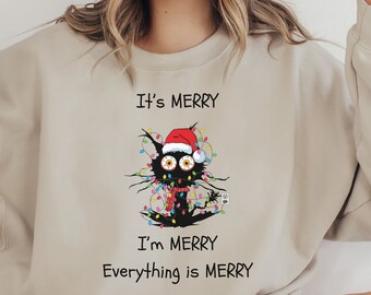 It's Fine I'm Fine Everything Is Fine Sweatshirt, Christmas Cat Shirt, Motivational Shirt, Positivity Shirt, Introvert Shirt, Mental Shirt