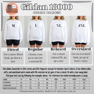 Puede incluir: Gu&iacute;a de tallas de sudadera Gildan 18000 blanca con cuello redondo. La gu&iacute;a muestra modelos con tallas M, L, XL y 2XL. Proporciona medidas en cm para las tallas S a 5XL, incluyendo ancho, largo y largo de manga. La modelo mide 173 cm y usa talla 10.