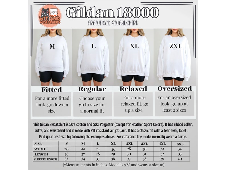Puede incluir: Gu&iacute;a de tallas de sudadera Gildan 18000 blanca con cuello redondo. La gu&iacute;a muestra modelos con tallas M, L, XL y 2XL. Proporciona medidas en cm para las tallas S a 5XL, incluyendo ancho, largo y largo de manga. La modelo mide 173 cm y usa talla 10.