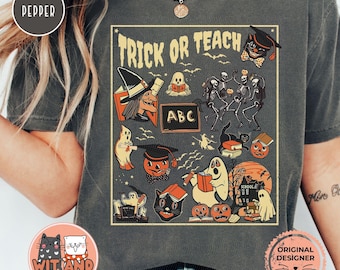 Comfort Colors® Halloween Teacher Shirt, Retro Spooky Teacher T-shirt Vintage Halloween Ghost Black Cats Halloween Gift for Teacher