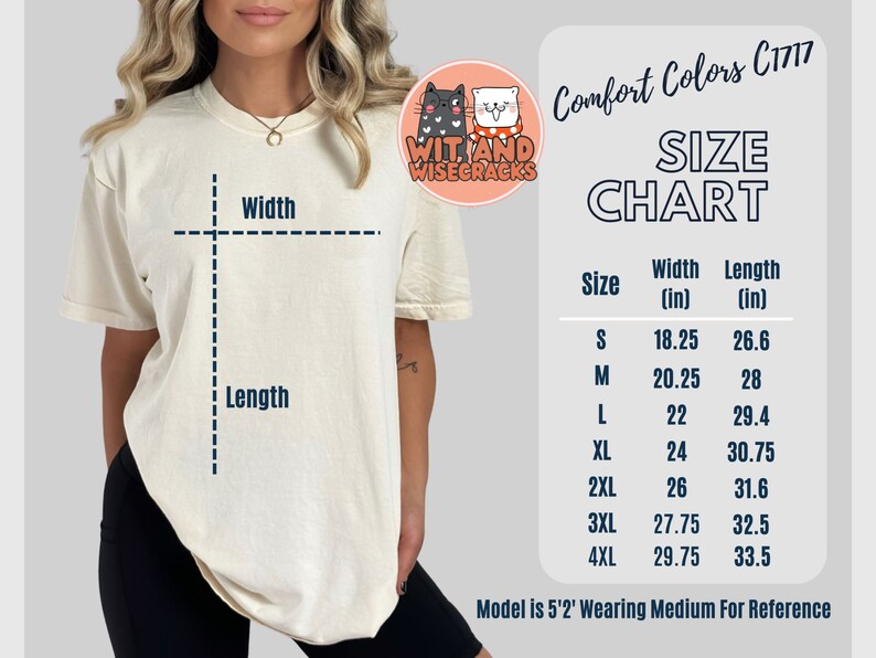 Pode incluir: Uma tabela de tamanhos para uma camiseta com um gr&aacute;fico de dois animais de desenho animado, um gato e um c&atilde;o, com o texto "Wit and Wisecracks". A tabela mostra a largura e o comprimento em polegadas para os tamanhos S a 4XL.