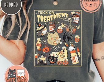Camiseta de enfermera de Halloween Comfort Colors®, regalo de enfermera retro espeluznante para mujer, camiseta de enfermería de otoño con calabaza para niña, camiseta de hospital con fantasma y gato negro