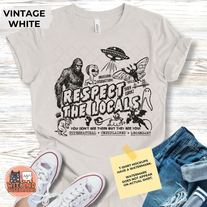 Bigfoot Funny Sasquatch Shirt, Outdoor Lover Camping Gift, Hiking T-Shirt, Ufo Shirt, Alien Shirt, Nature Tshirts, Cryptid Shirt Vintage White