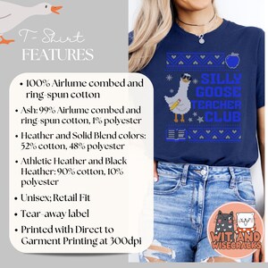 Puede incluir: Una camiseta azul marino con un ganso blanco que lleva gafas de sol y sostiene un l&aacute;piz. El ganso est&aacute; rodeado de un patr&oacute;n de copos de nieve azul y blanco. El texto "Silly Goose Teacher Club" est&aacute; impreso en la camiseta.