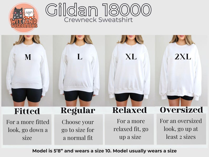 May include: A size chart for Gildan 18000 crewneck sweatshirts. The chart shows four different sizes: M, L, XL, and 2XL. Each size is represented by a white sweatshirt worn by a model. The chart also includes descriptions of the fit for each size: Fitted, Regular, Relaxed, and Oversized.